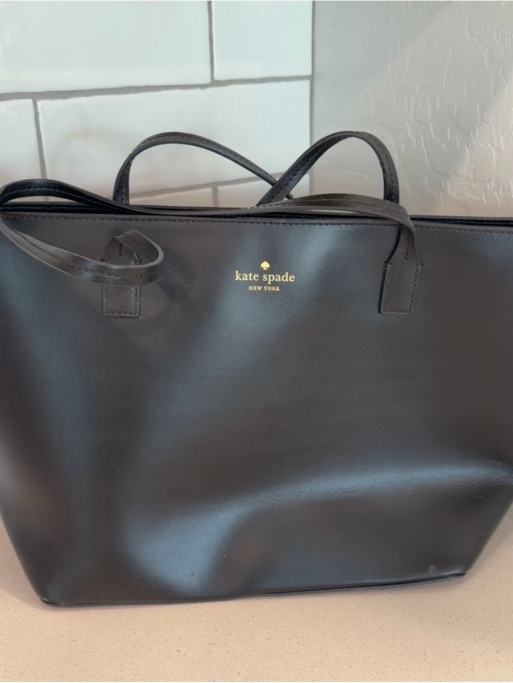 kate spade Black Leather Tote with Gold Logo